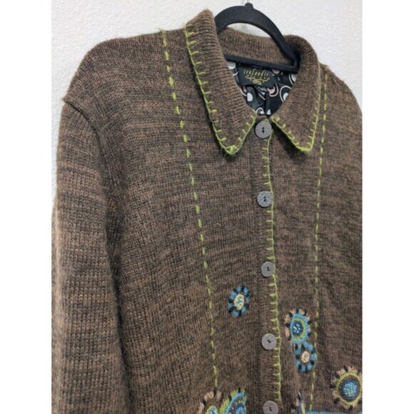 Vintage Icelandic Design Mohair Wool Alpaca Floral Crochet Sweater Cardigan sz L - Picture 4 of 13